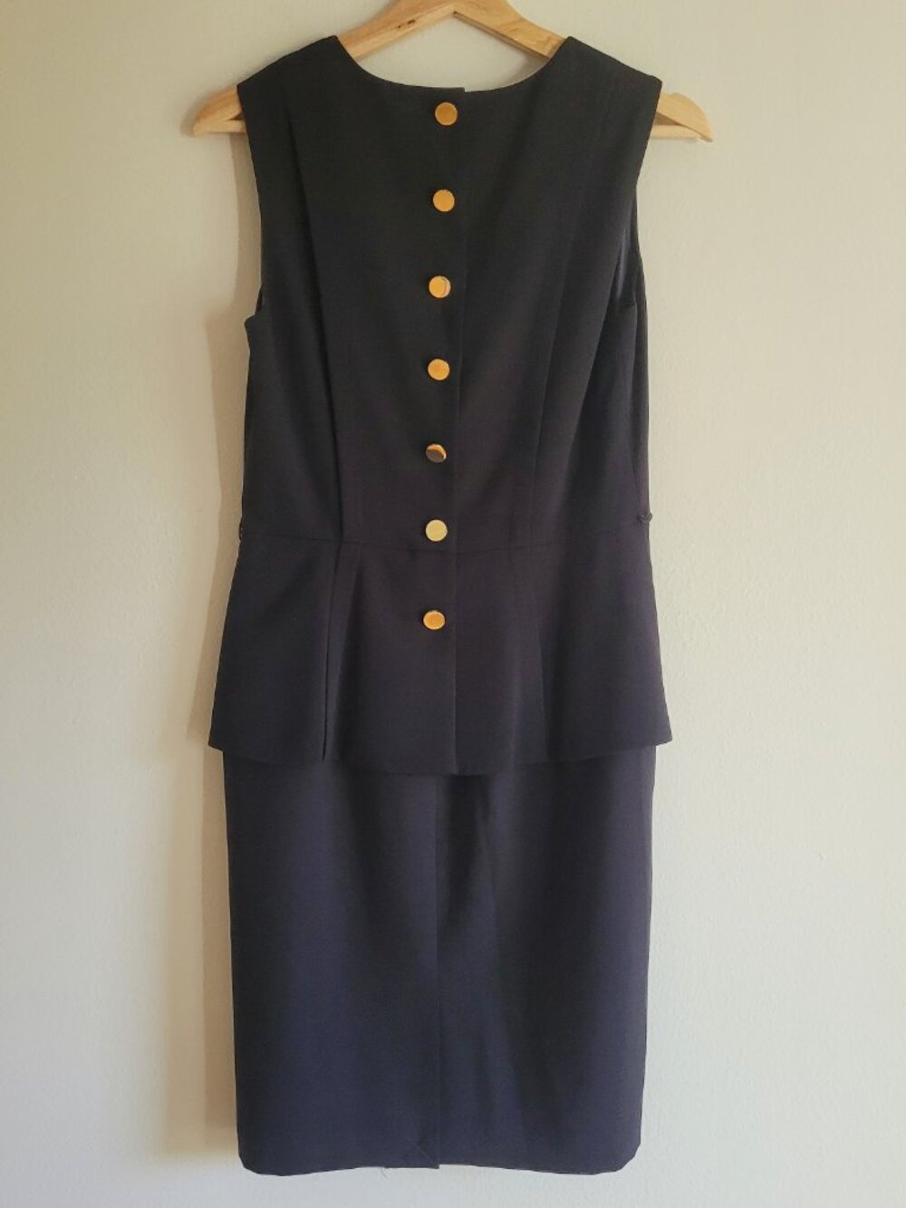 Calvin Klein Black Dress Peplum With Belt A Line Sleeveless Back Gold Buttons 4
